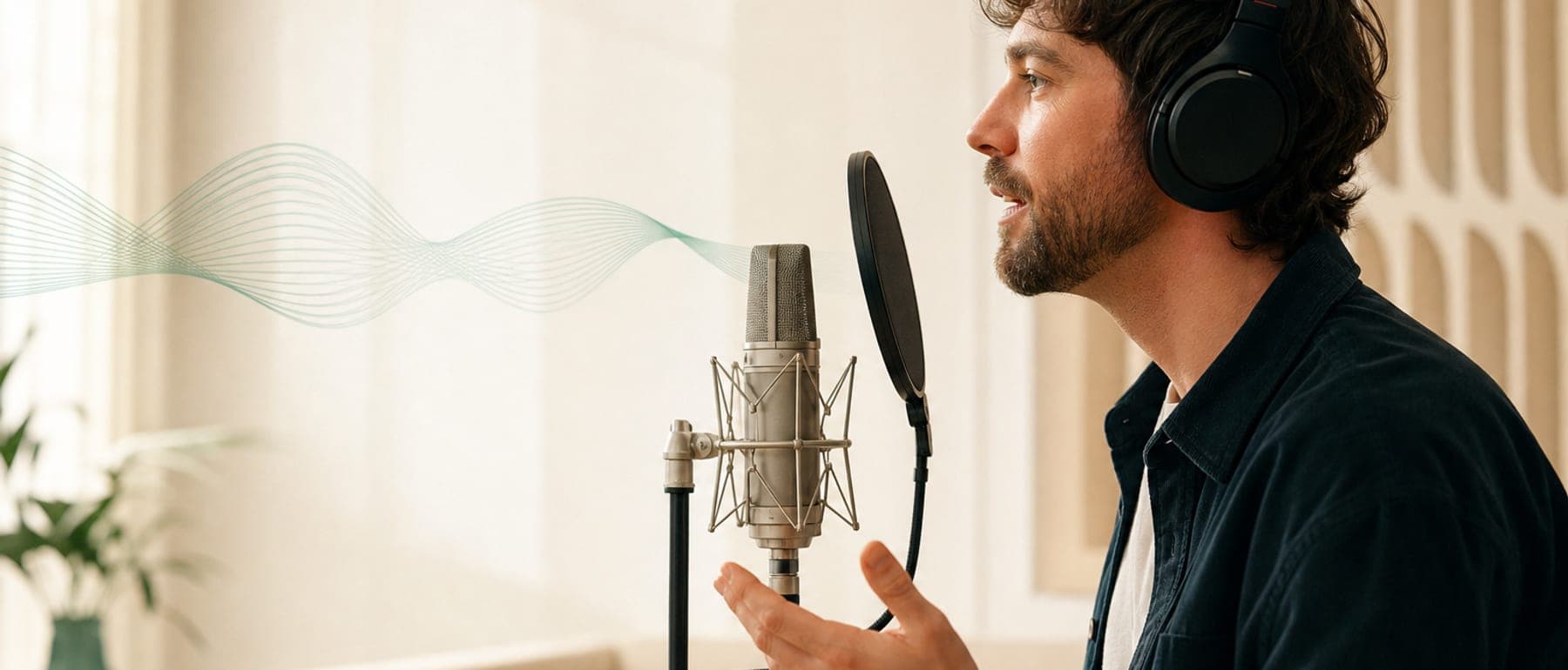 A voice actor recording at a studio microphone